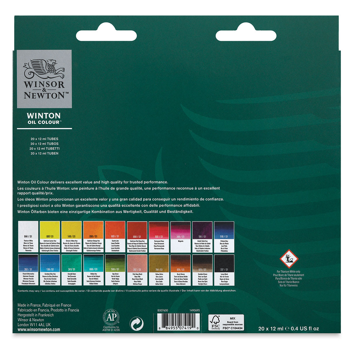 Winsor & Newton Winton Oil Paint - Set of 20, Assorted Colors, 12 ml, Tubes (Back of packaging)