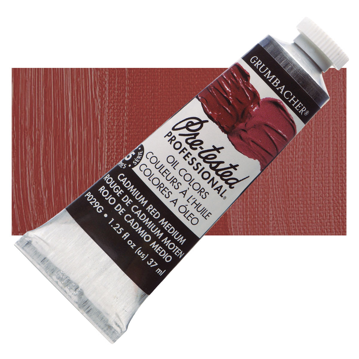 Grumbacher Pre-Tested Artists' Oil Color - Cadmium Red Medium, 1.25 oz tube and swatch