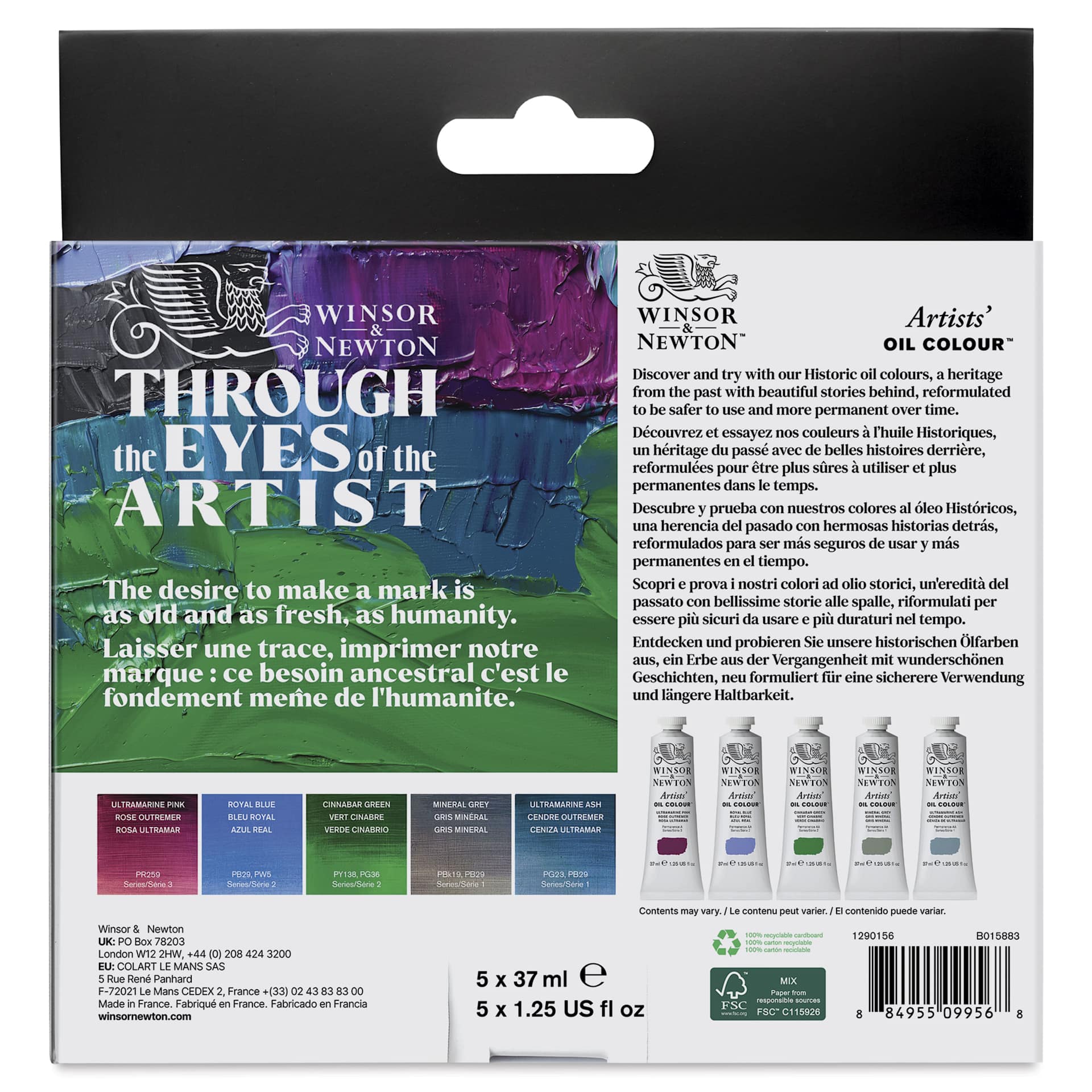 Winsor & Newton Artists' Oil Colors - Set of 5, Historic Colors, 37 ml tubes back of package