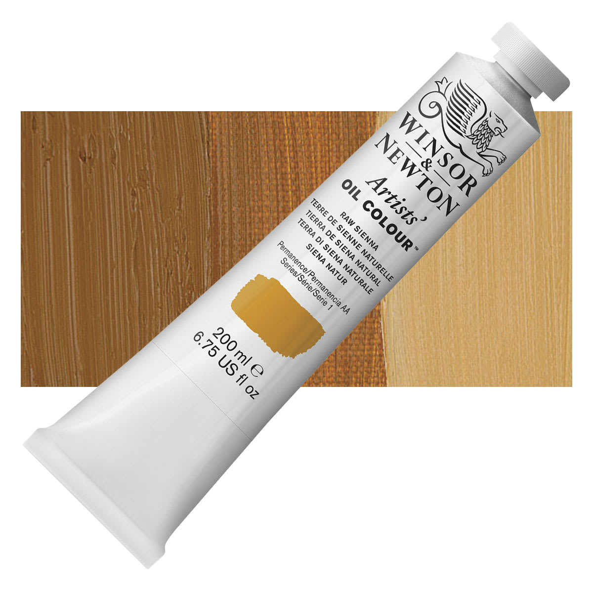 Winsor & Newton Artists' Oil Color - Raw Sienna, 200 ml tube and swatch