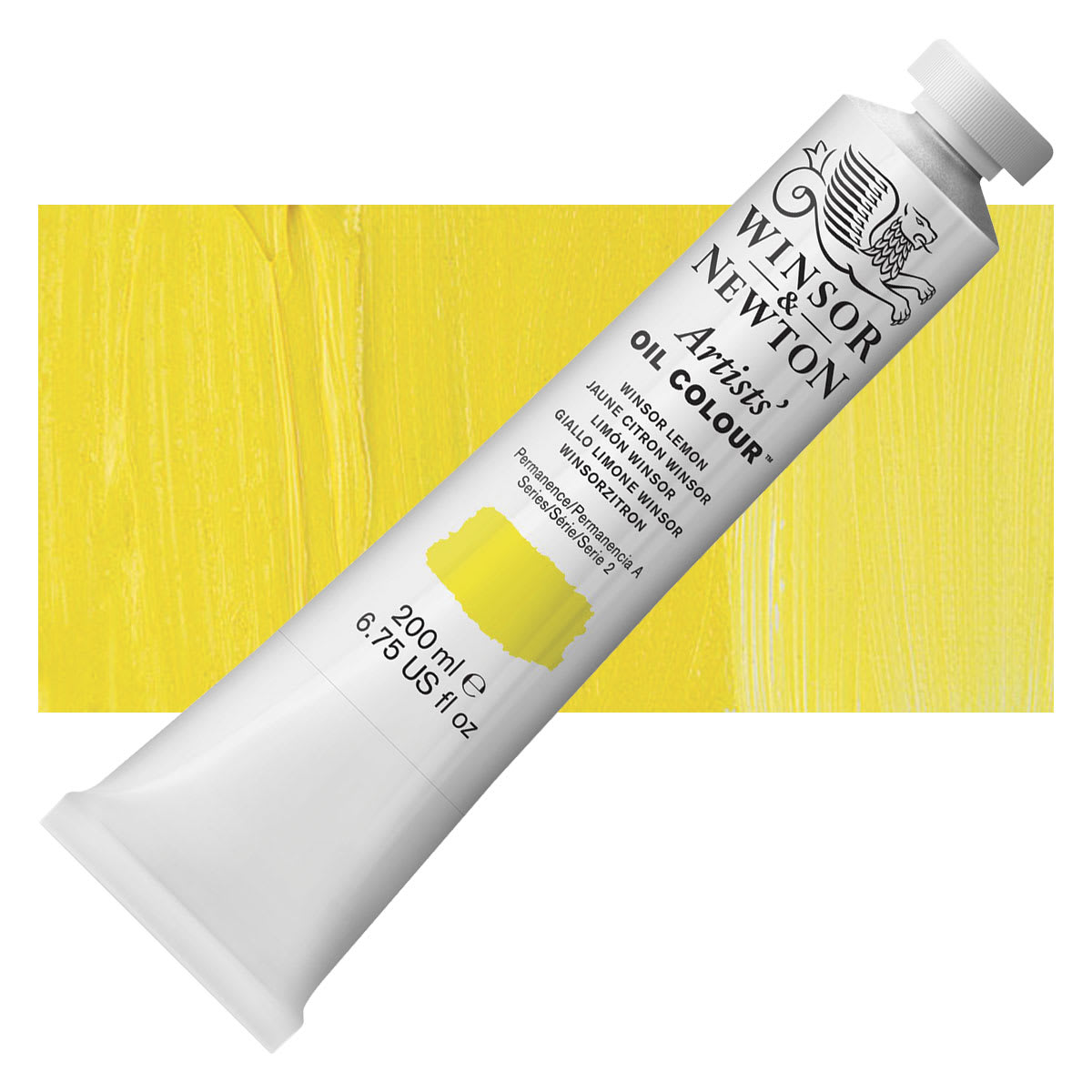 Winsor & Newton Artists' Oil Color - Winsor Lemon, 200 ml tube and swatch