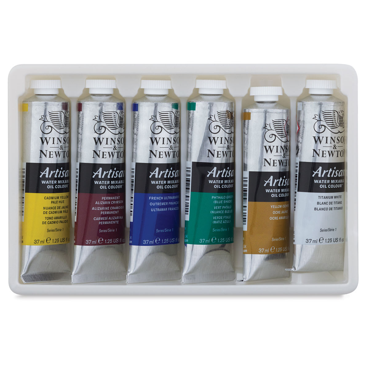 Winsor & Newton Artisan Water Mixable Oil Paints - Beginner Set of 6 Colors shown open in tray Winsor & Newton Artisan Water Mixable Oil Paints - Beginner Set of 6 Colors shown open in tray