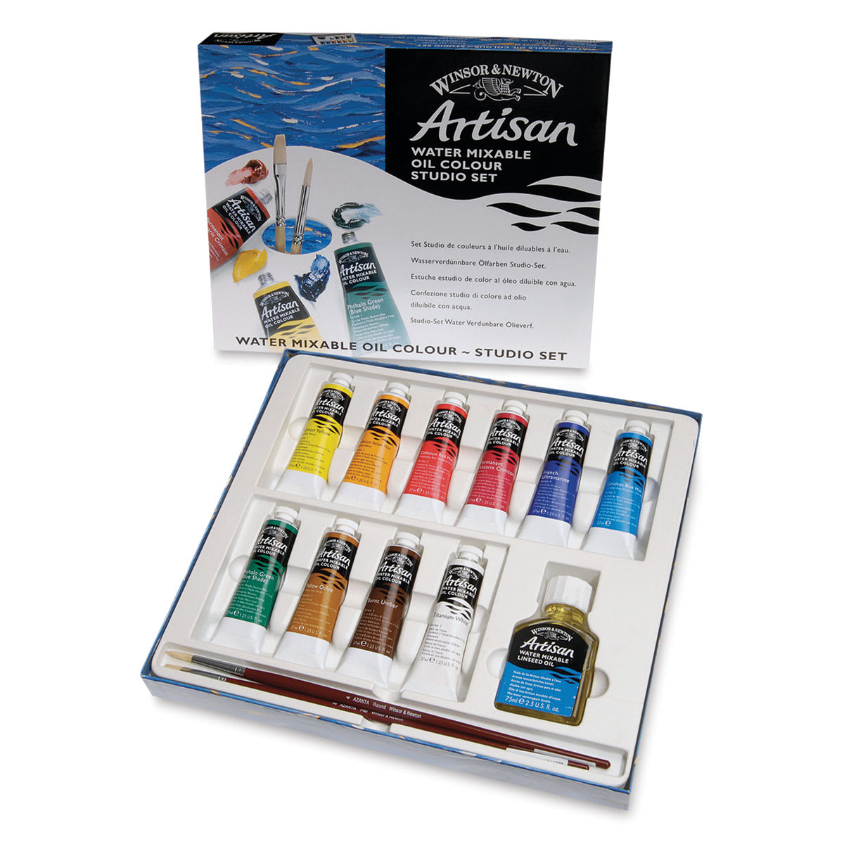 Winsor & Newton Artisan Water Mixable Oil Paint - Studio Set of 10 Colors shown in open package Winsor & Newton Artisan Water Mixable Oil Paint - Studio Set of 10 Colors shown in open package
