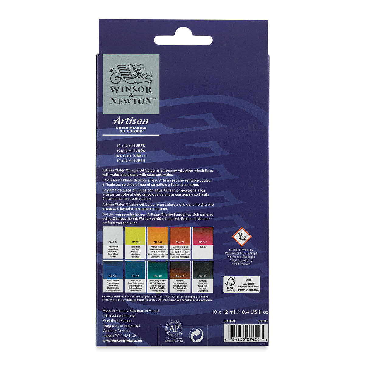 Winsor & Newton Artisan Water Mixable Oil Paint - Set of 10, Assorted Colors, 12 ml, Tubes (Back of packaging) Winsor & Newton Artisan Water Mixable Oil Paint - Set of 10, Assorted Colors, 12 ml, Tubes (Back of packaging)