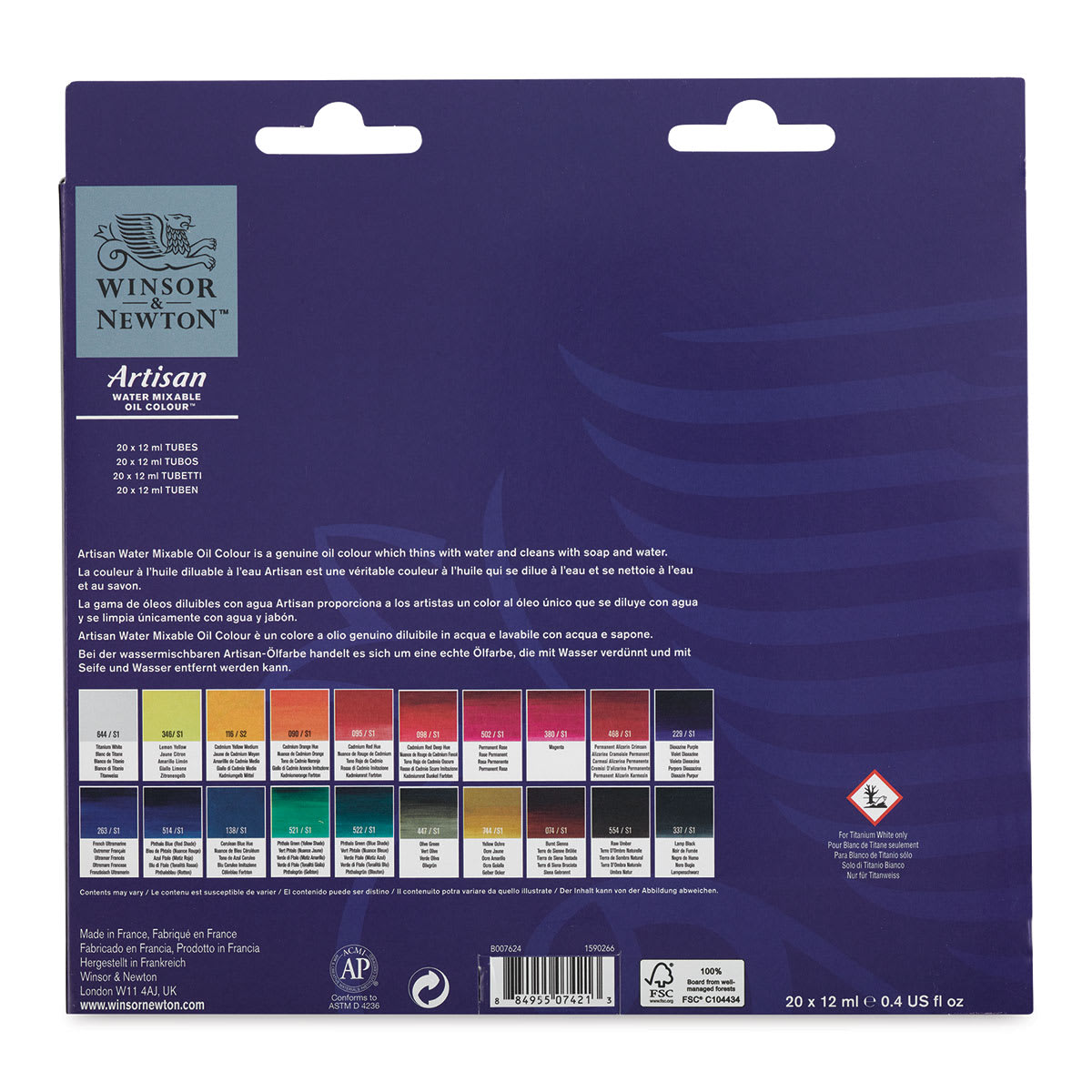 Winsor & Newton Artisan Water Mixable Oil Paint - Set of 20, Assorted Colors, 12 ml, Tubes (Back of packaging)