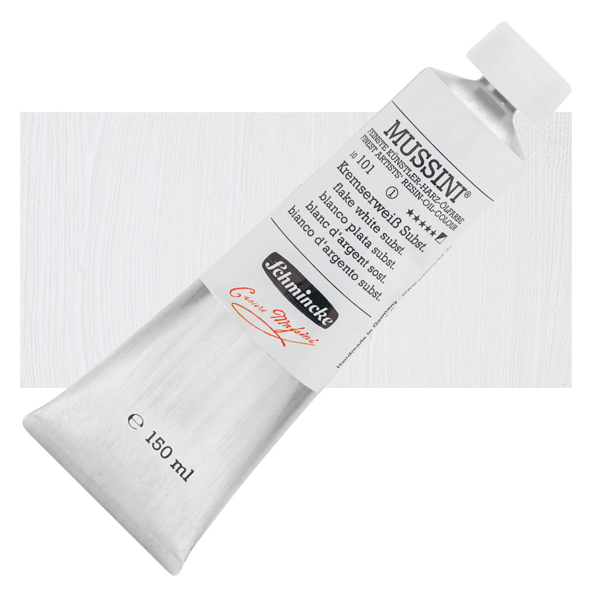 Schmincke Mussini Oil Color - Flake White Subst., 150 ml, Tube and swatch