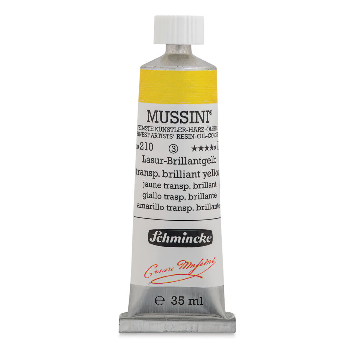 Schmincke Mussini Oil Color - Transparent Brilliant Yellow, 35 ml tube (Front of tube)