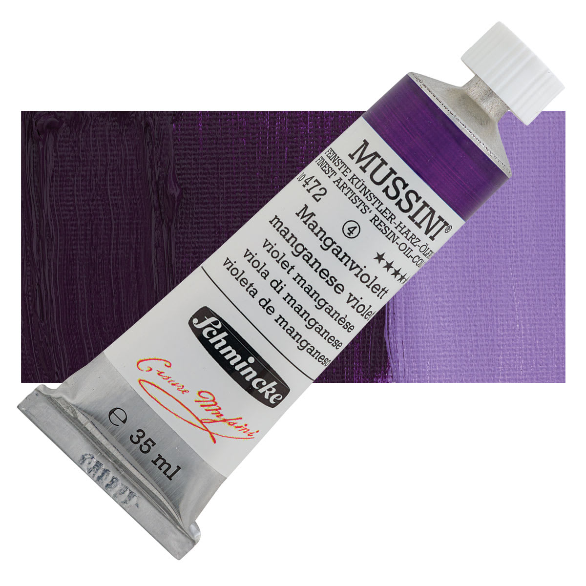 Schmincke Mussini Oil Color - Manganese Violet, 35 ml tube and swatch