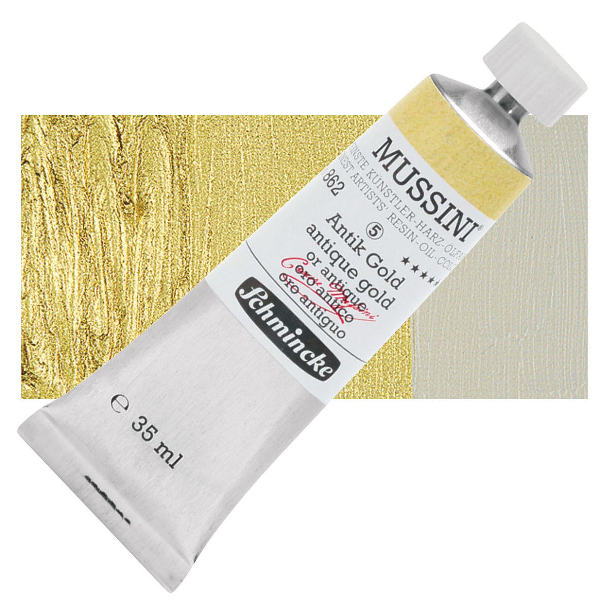 Schmincke Mussini Oil Color - Antique Gold, 35 ml tube and swatch
