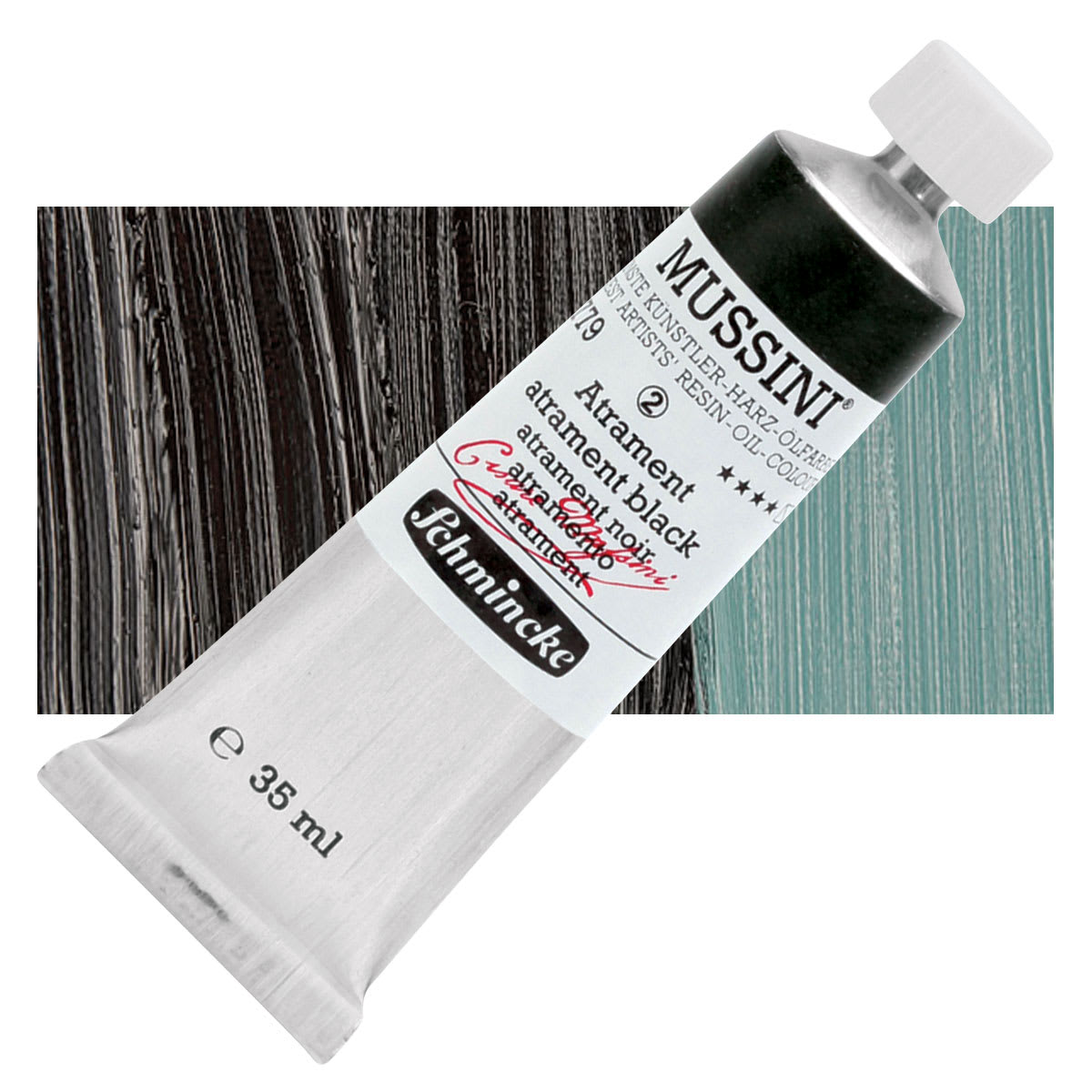 Schmincke Mussini Oil Color - Atrament Black, 35 ml tube and swatch Schmincke Mussini Oil Color - Atrament Black, 35 ml tube and swatch