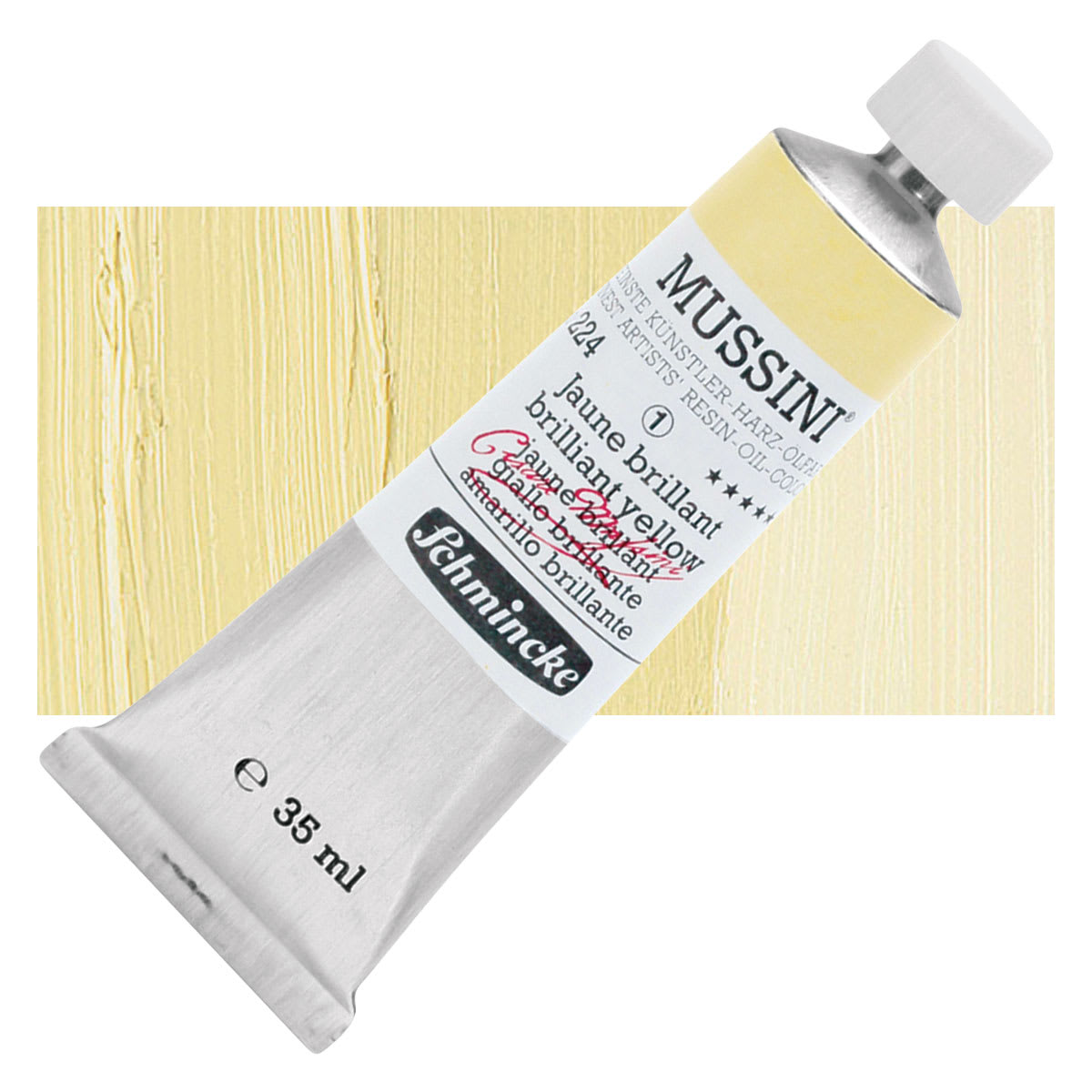Schmincke Mussini Oil Color - Brilliant Yellow, 35 ml tube and swatch
