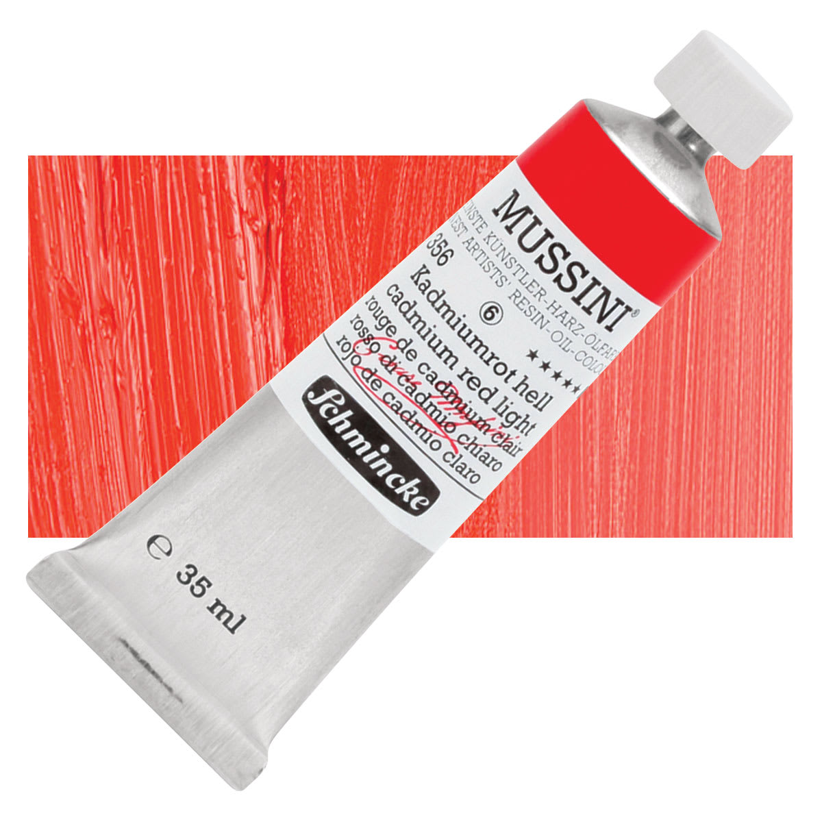 Schmincke Mussini Oil Color - Cadmium Red Light, 35 ml tube and swatch