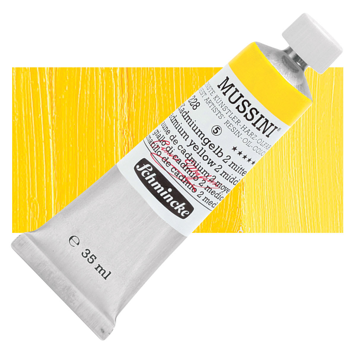Schmincke Mussini Oil Color - Cadmium Yellow 2 Middle, 35 ml tube and swatch