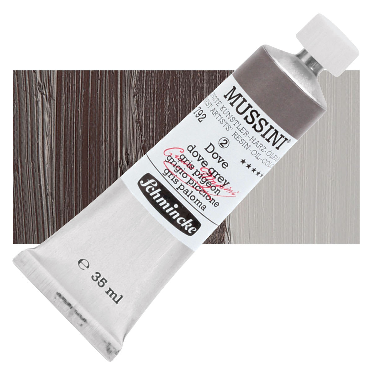Schmincke Mussini Oil Color - Dove Gray, 35 ml tube and swatch
