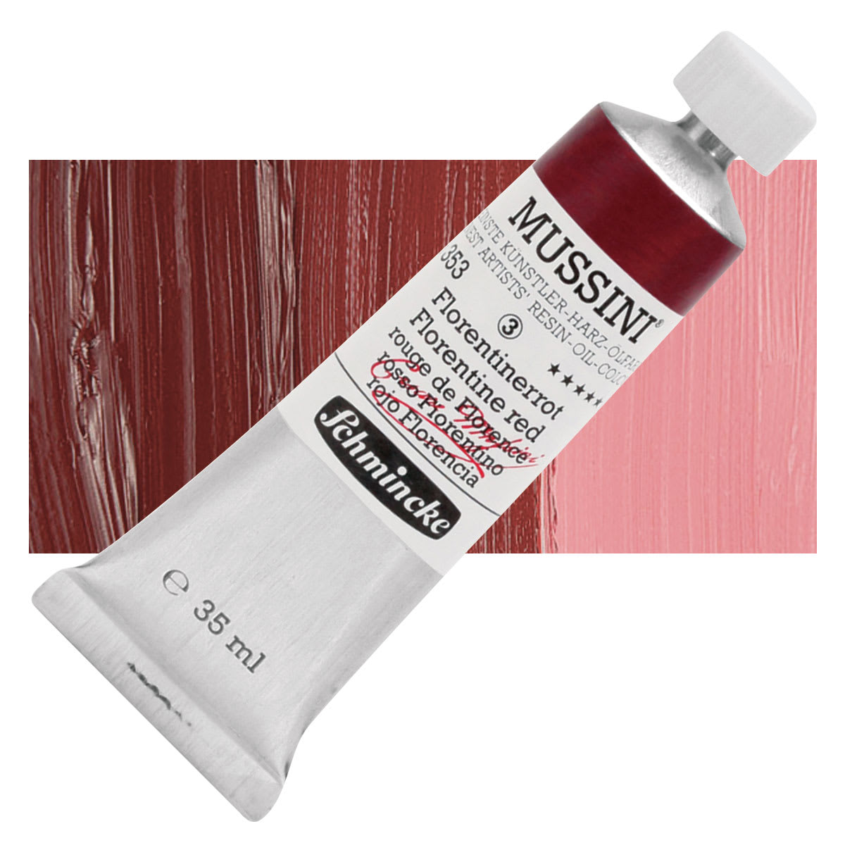 Schmincke Mussini Oil Color - Florentine Red, 35 ml Tube and swatch