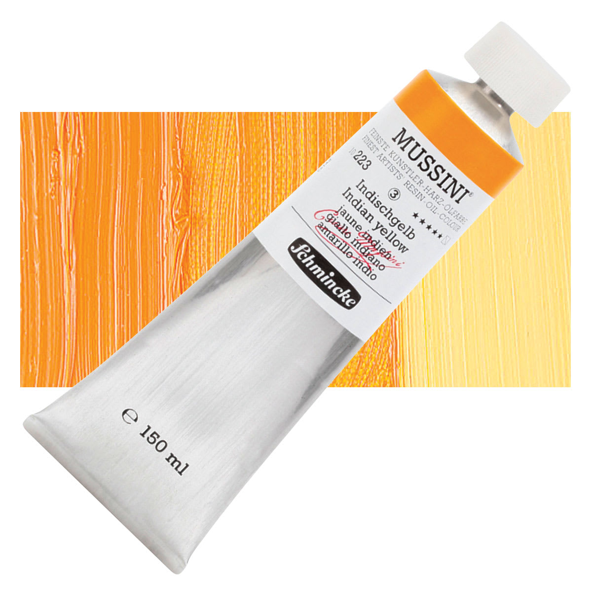 Schmincke Mussini Oil Color - Indian Yellow, 150 ml tube and swatch