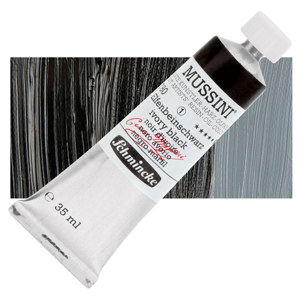 Schmincke Mussini Oil Color - Ivory Black, 35 ml tube and swatch