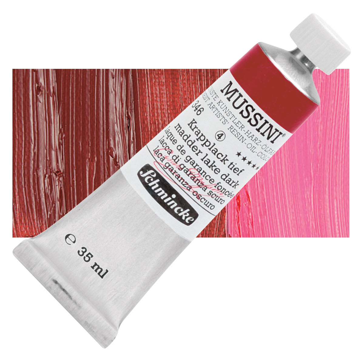 Schmincke Mussini Oil Color - Madder Lake Dark , 35 ml tube and swatch Schmincke Mussini Oil Color - Madder Lake Dark , 35 ml tube and swatch