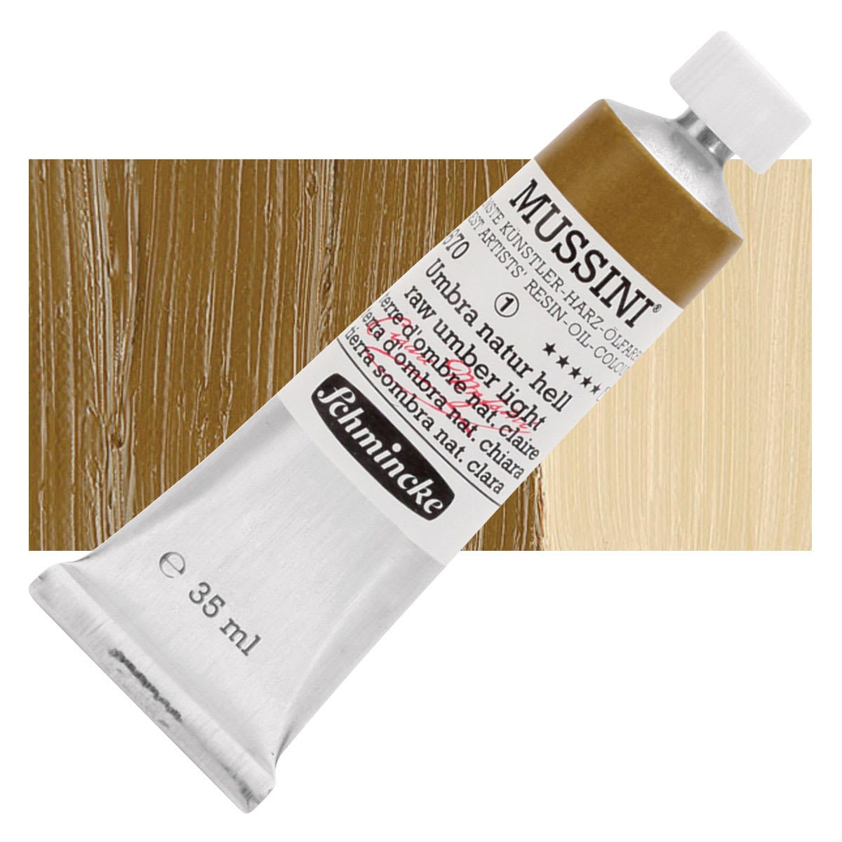 Schmincke Mussini Oil Color - Raw Umber Light, 35 ml tube and swatch