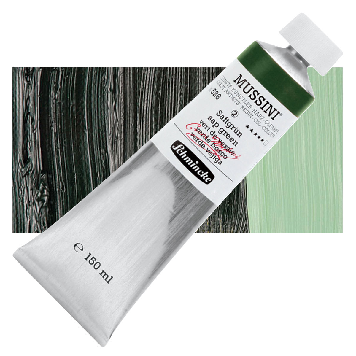 Schmincke Mussini Oil Color - Sap Green, 150 ml tube and swatch