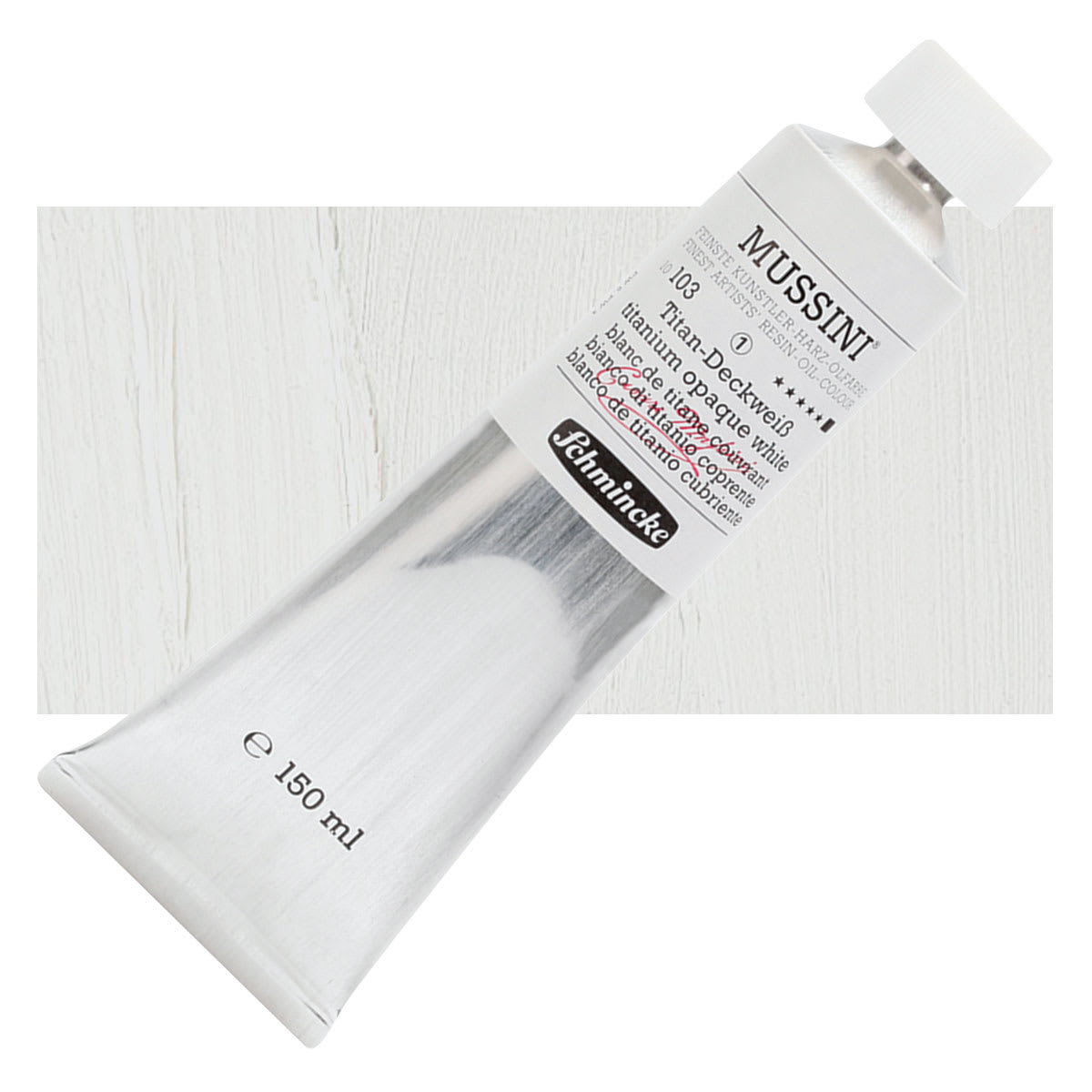 Schmincke Mussini Oil Color - Titanium Opaque White, 150 ml, Tube and swatch