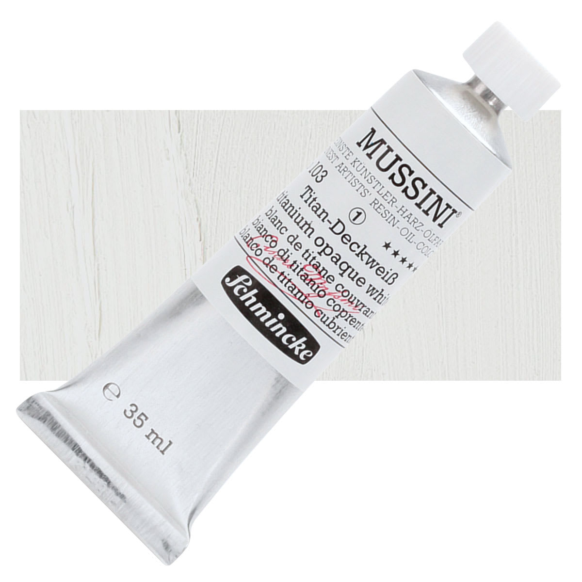 Schmincke Mussini Oil Color - Titanium Opaque White, 35 ml tube and swatch