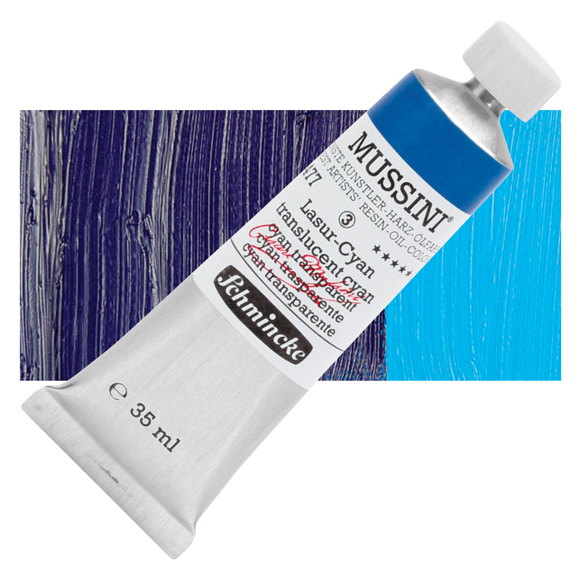 Schmincke Mussini Oil Color - Translucent Cyan, 35 ml tube and swatch