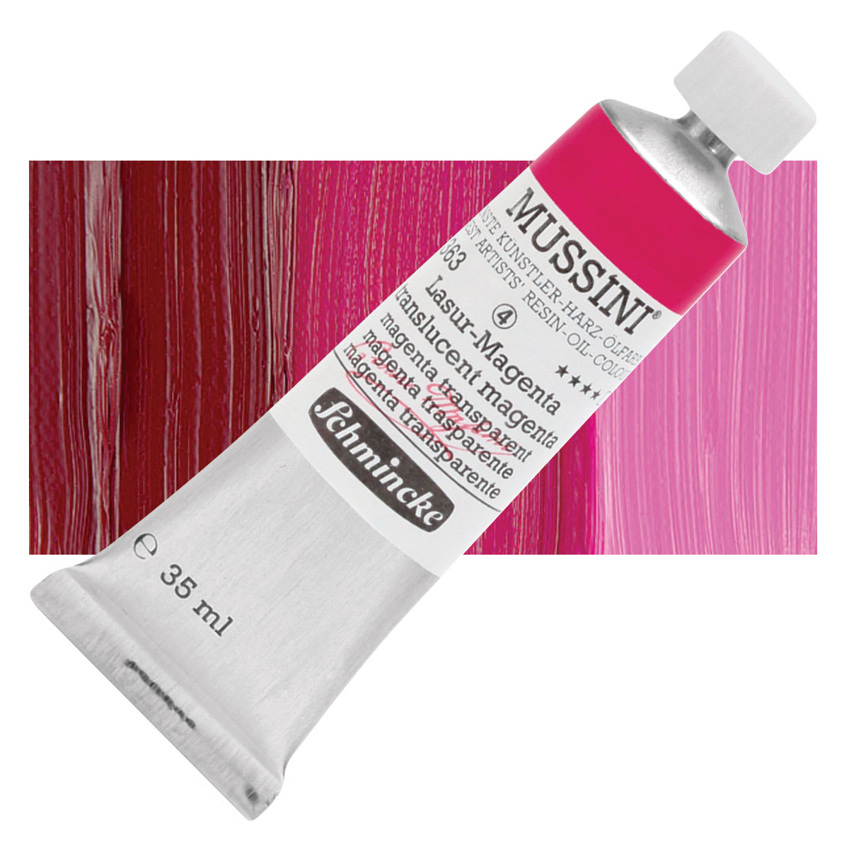 Schmincke Mussini Oil Color - Translucent Magenta, 35 ml tube and swatch