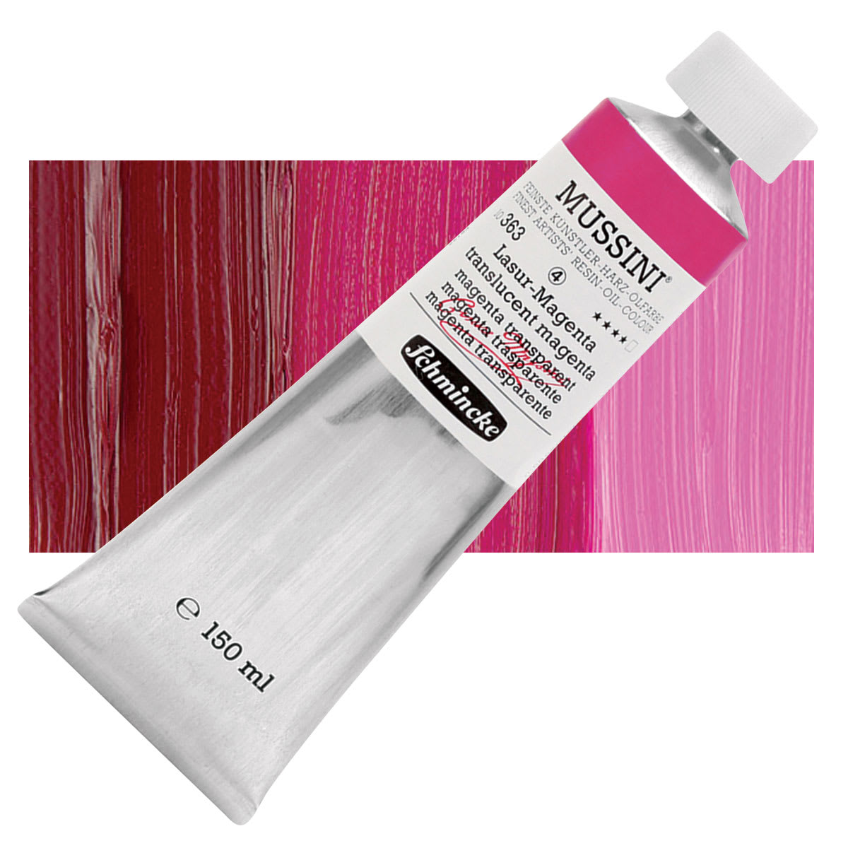 Schmincke Mussini Oil Color - Translucent Magenta, 150 ml tube and swatch