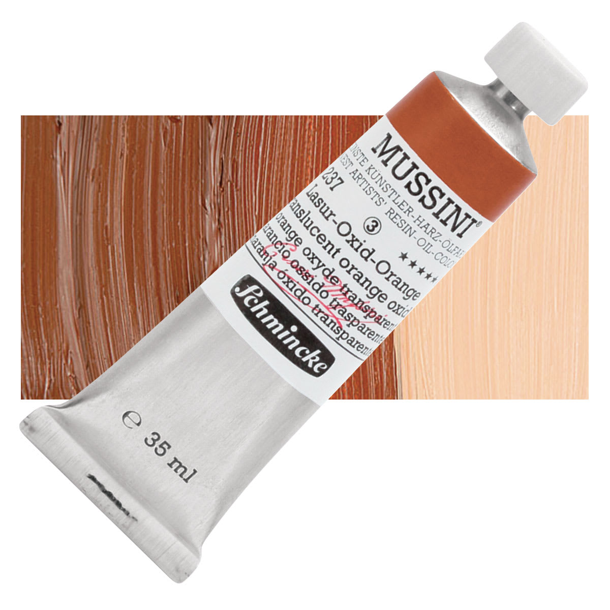 Schmincke Mussini Oil Color - Translucent Orange Oxide, 35 ml tube and swatch Schmincke Mussini Oil Color - Translucent Orange Oxide, 35 ml tube and swatch