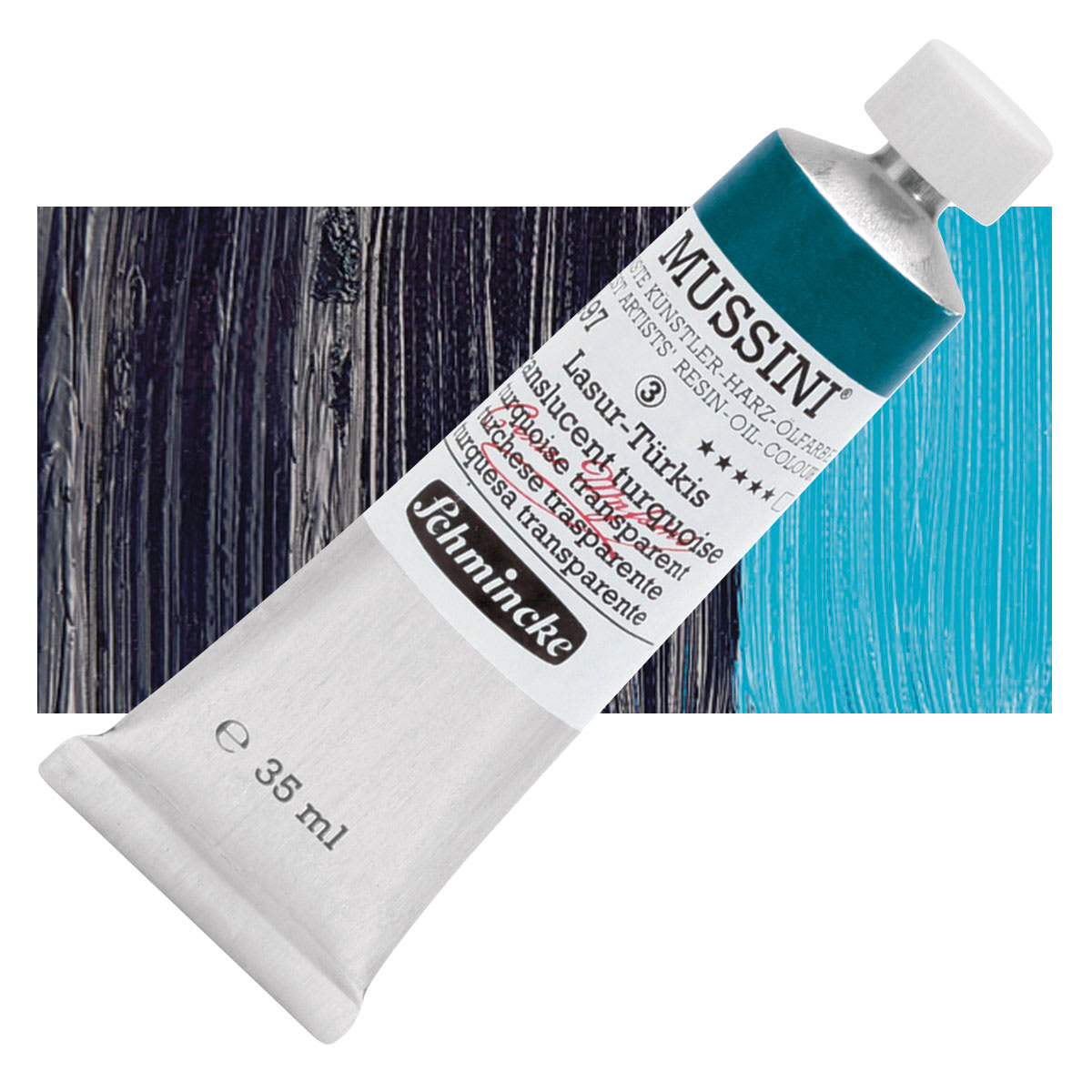 Schmincke Mussini Oil Color - Translucent Turquoise, 35 ml tube and swatch
