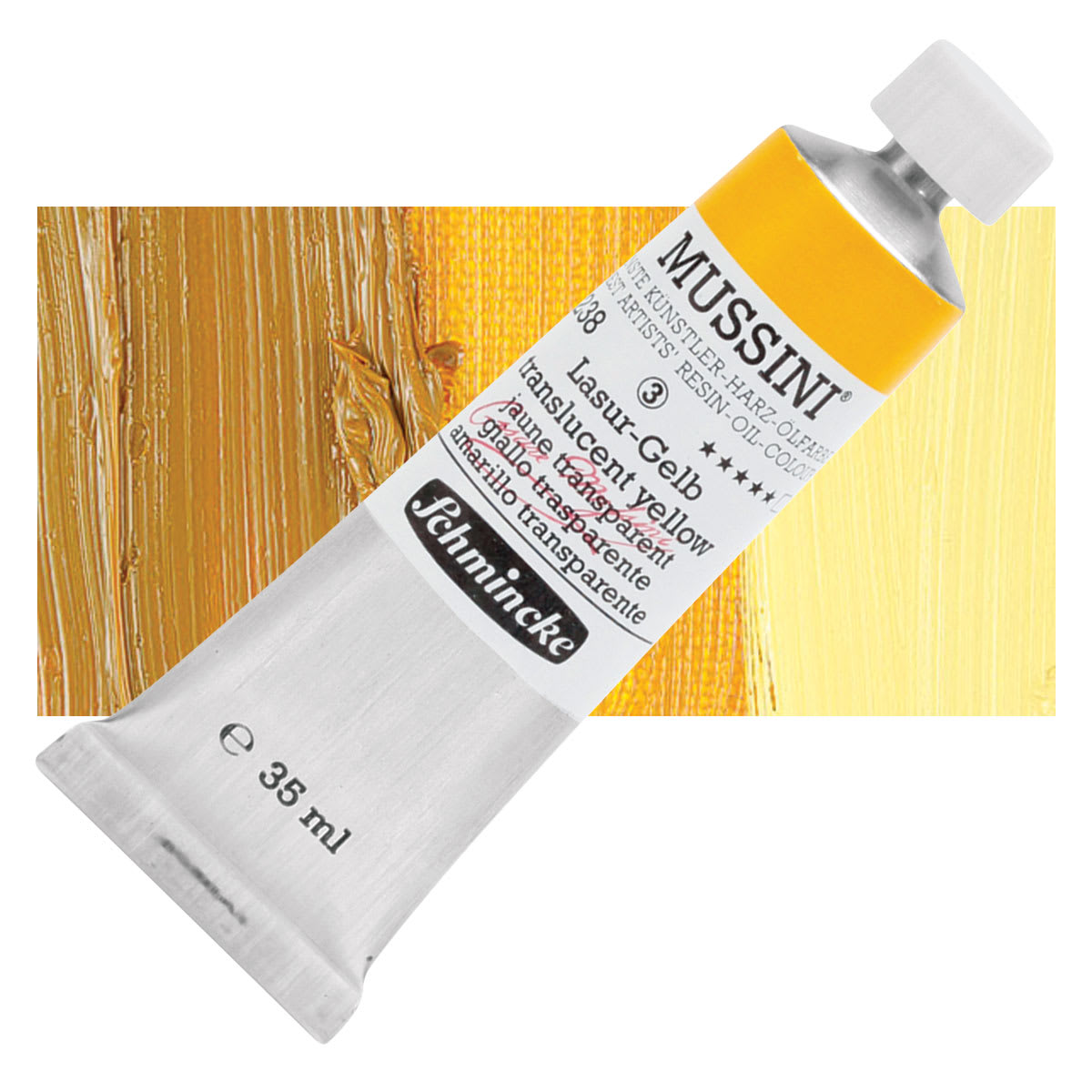 Schmincke Mussini Oil Color - Translucent Yellow, 35 ml tube and swatch Schmincke Mussini Oil Color - Translucent Yellow, 35 ml tube and swatch