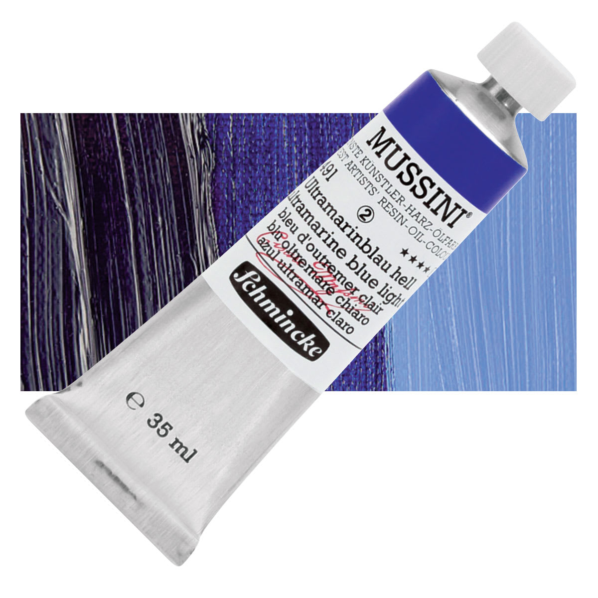 Schmincke Mussini Oil Color - Ultramarine Blue Light, 35 ml tube and swatch
