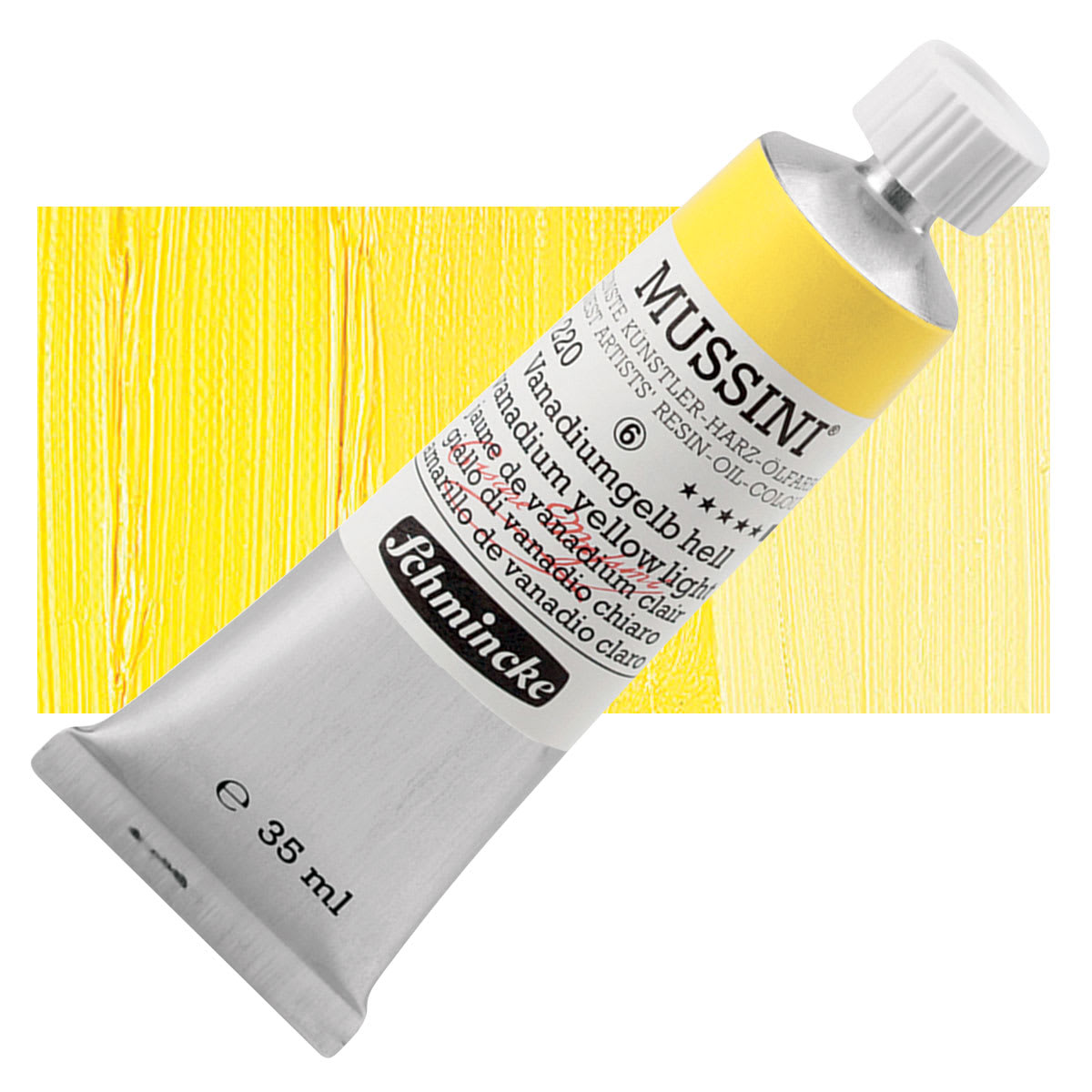 Schmincke Mussini Oil Color - Vanadium Yellow Light, 35 ml tube and swatch Schmincke Mussini Oil Color - Vanadium Yellow Light, 35 ml tube and swatch