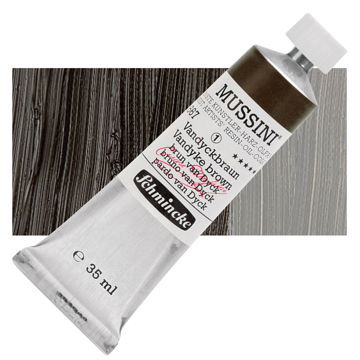 Schmincke Mussini Oil Color - Vandyke Brown, 35 ml tube and swatch