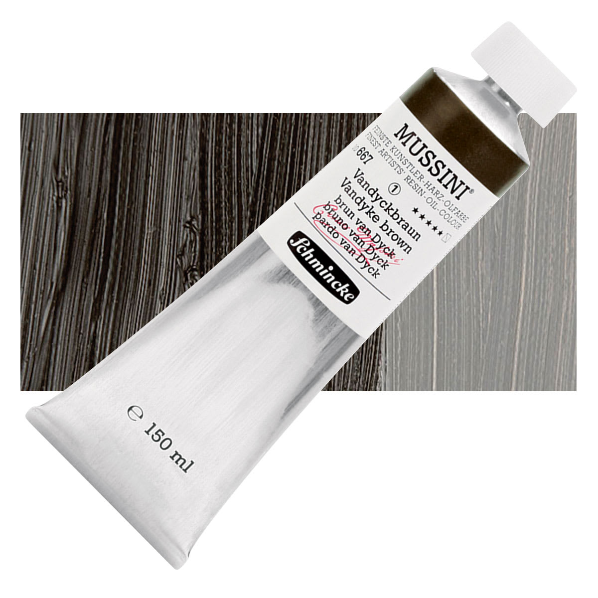 Schmincke Mussini Oil Color - Vandyke Brown, 150 ml tube and swatch