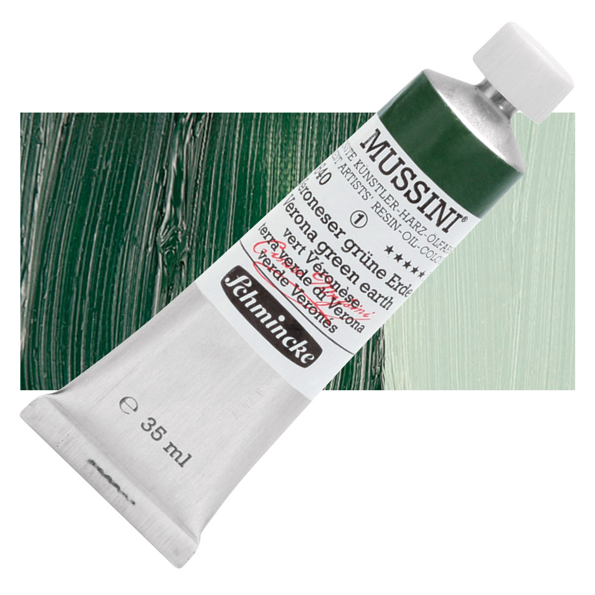Schmincke Mussini Oil Color - Verona Green Earth, 35 ml tube and swatch Schmincke Mussini Oil Color - Verona Green Earth, 35 ml tube and swatch