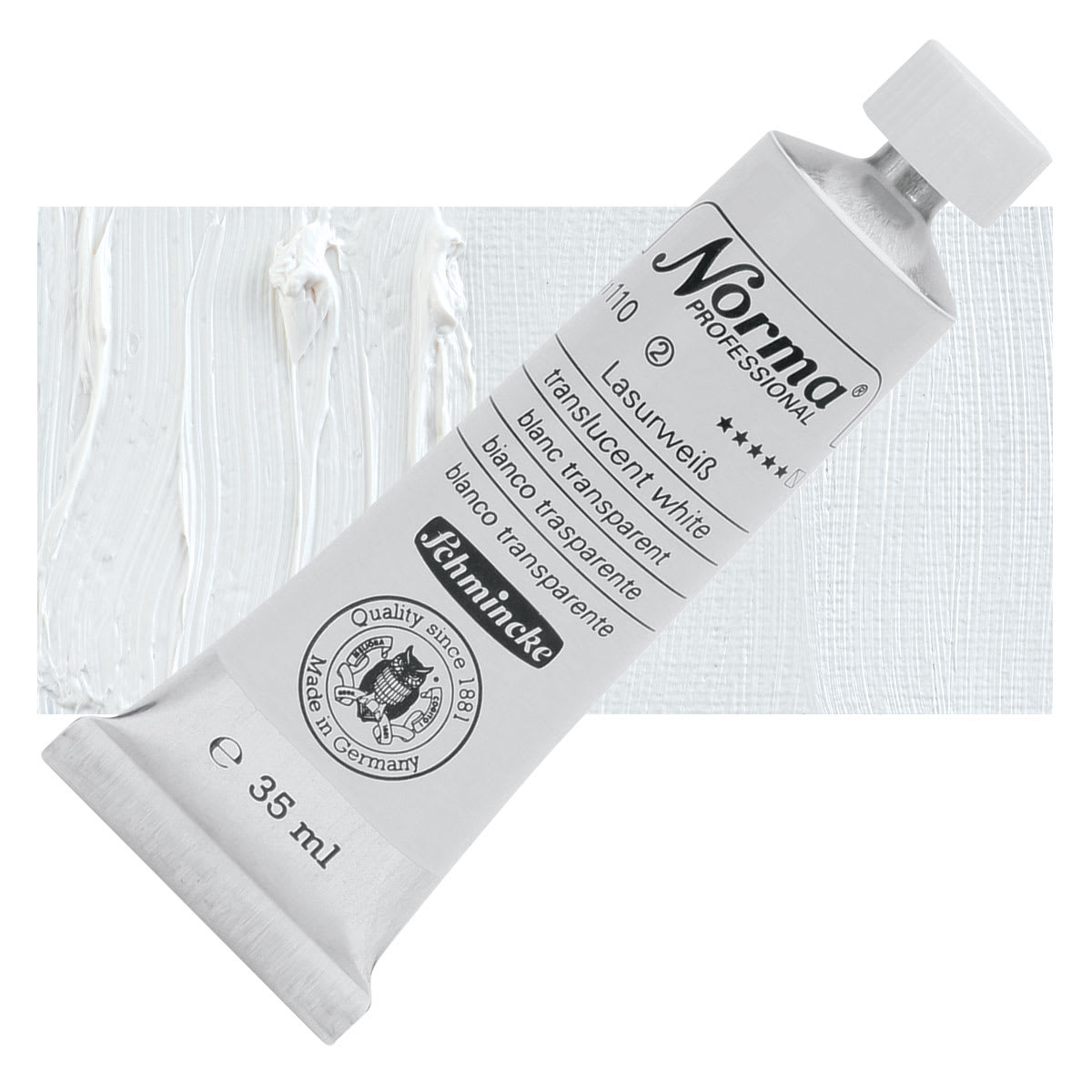 Schmincke Norma Professional Oil Paint - Translucent White, 35 ml, Tube and swatch