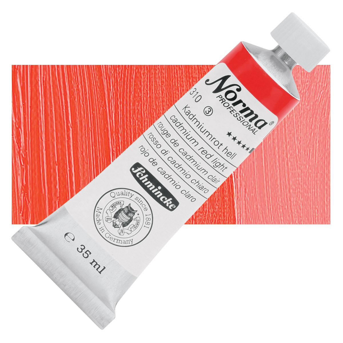 Schmincke Norma Professional Oil Paint - Cadmium Red Light, 35 ml, Tube and swatch