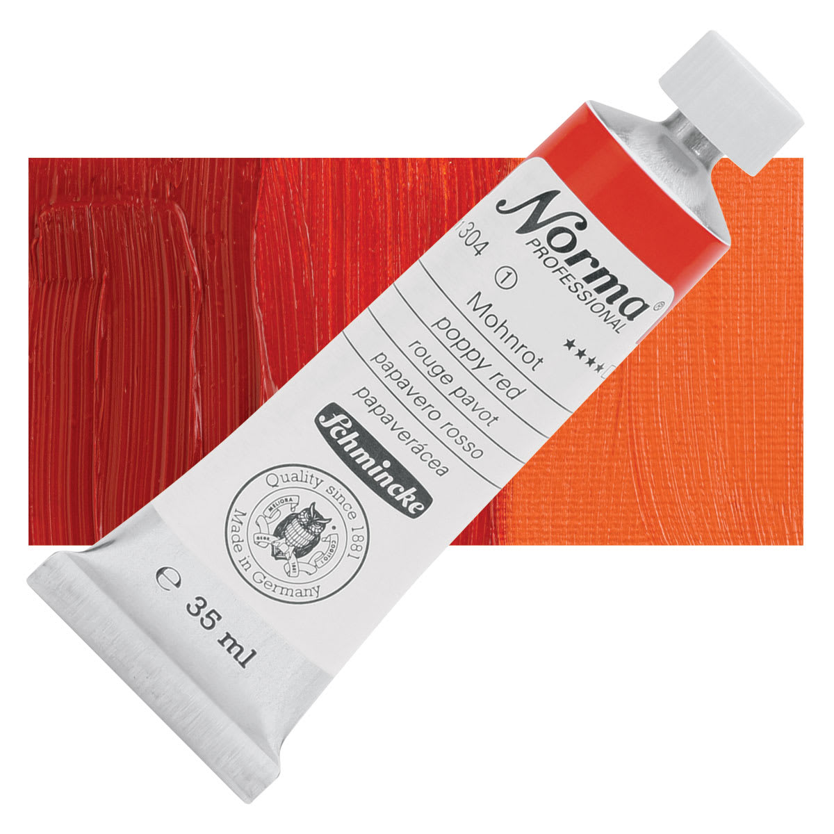 Schmincke Norma Professional Oil Paint - Poppy Red, 35 ml, Tube and swatch Schmincke Norma Professional Oil Paint - Poppy Red, 35 ml, Tube and swatch