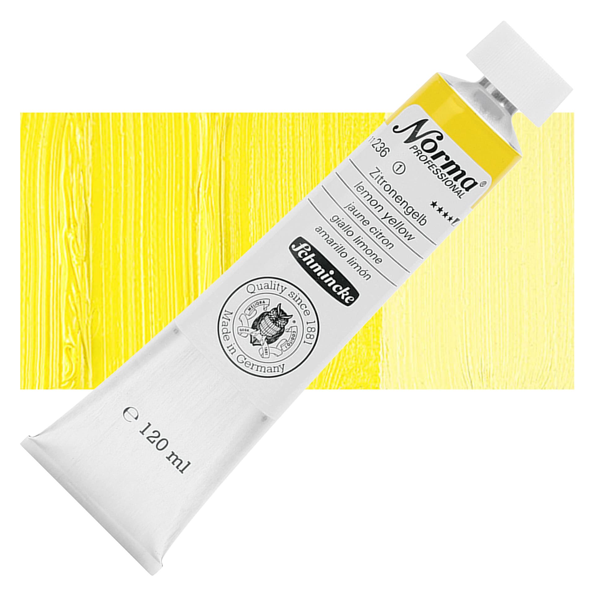 Schmincke Norma Professional Oil Paint - Lemon Yellow, 120 ml, Tube and swatch
