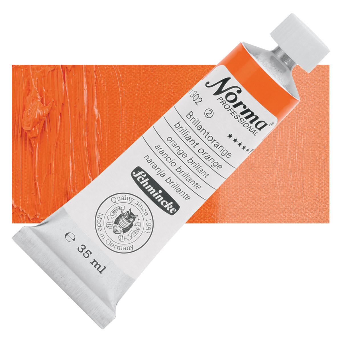 Schmincke Norma Professional Oil Paint - Brilliant Orange, 35 ml, Tube and swatch