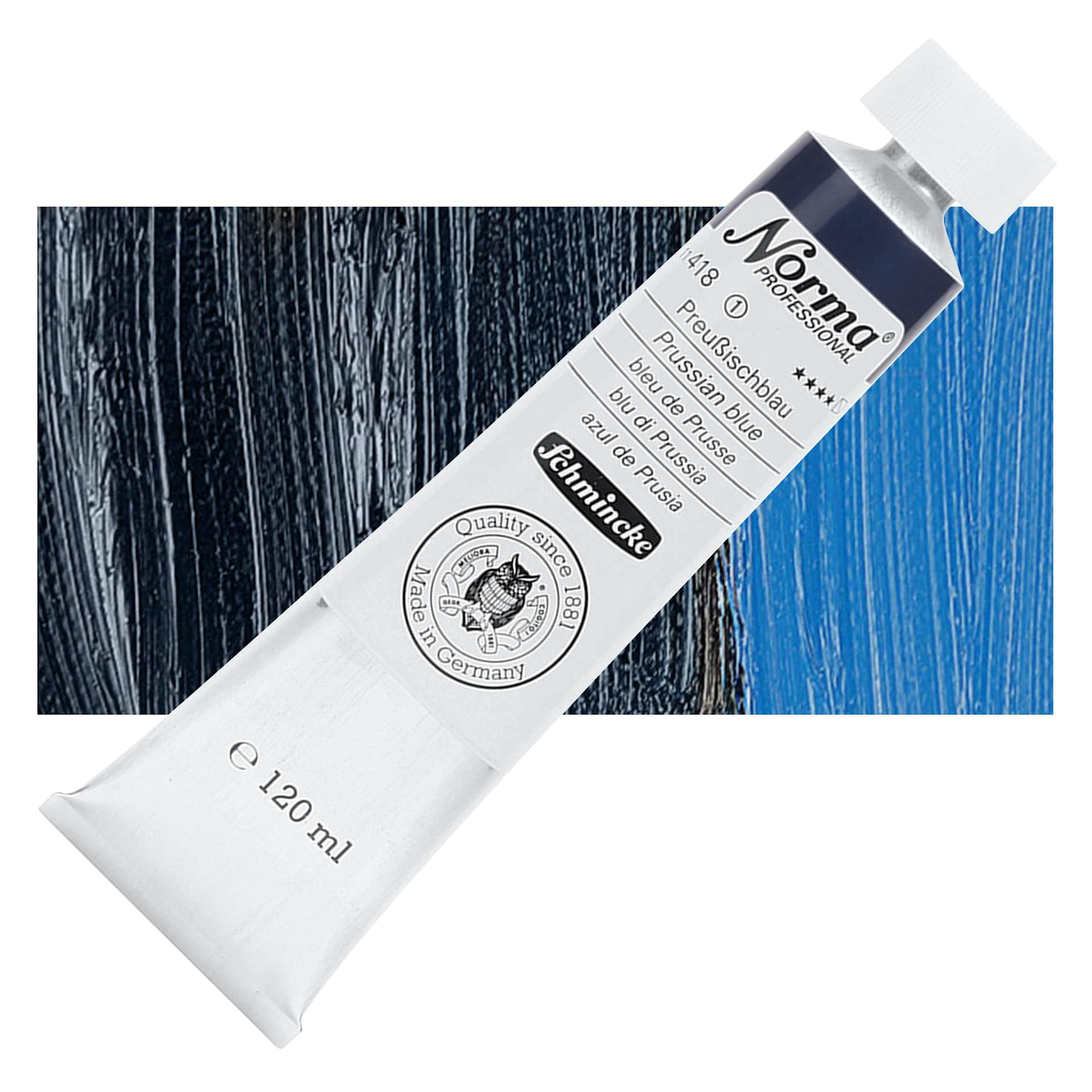 Schmincke Norma Professional Oil Paint - Prussian Blue, 120 ml, Tube and swatch