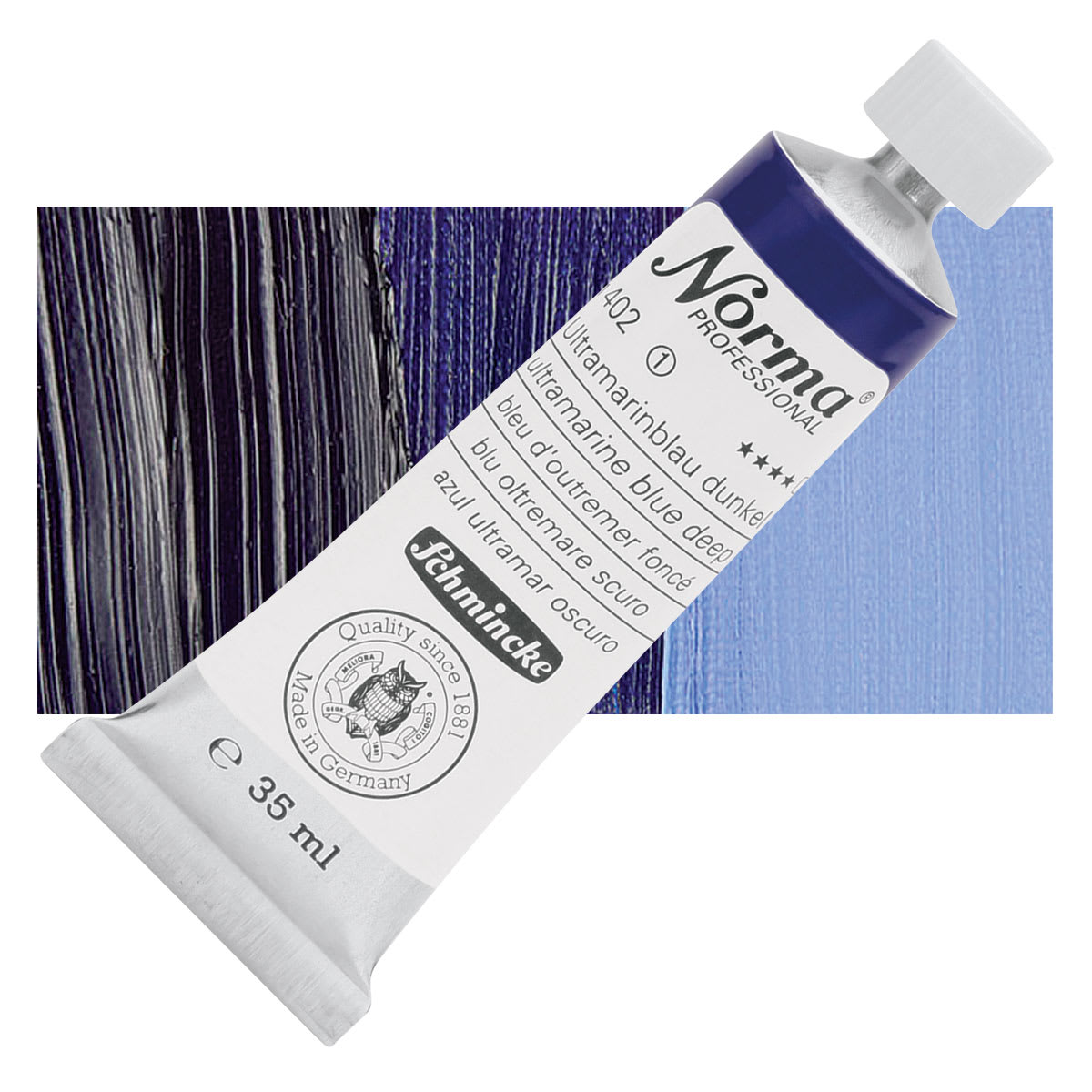 Schmincke Norma Professional Oil Paint - Ultramarine Blue Deep, 35 ml, Tube and swatch