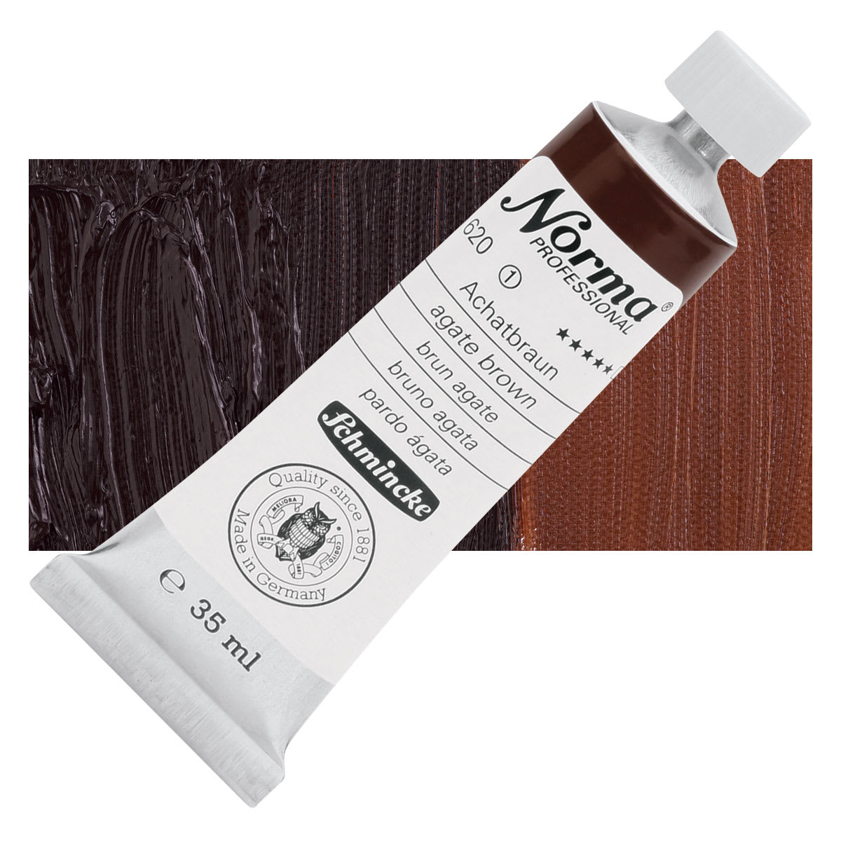 Schmincke Norma Professional Oil Paint - Agate Brown, 35 ml, Tube and swatch