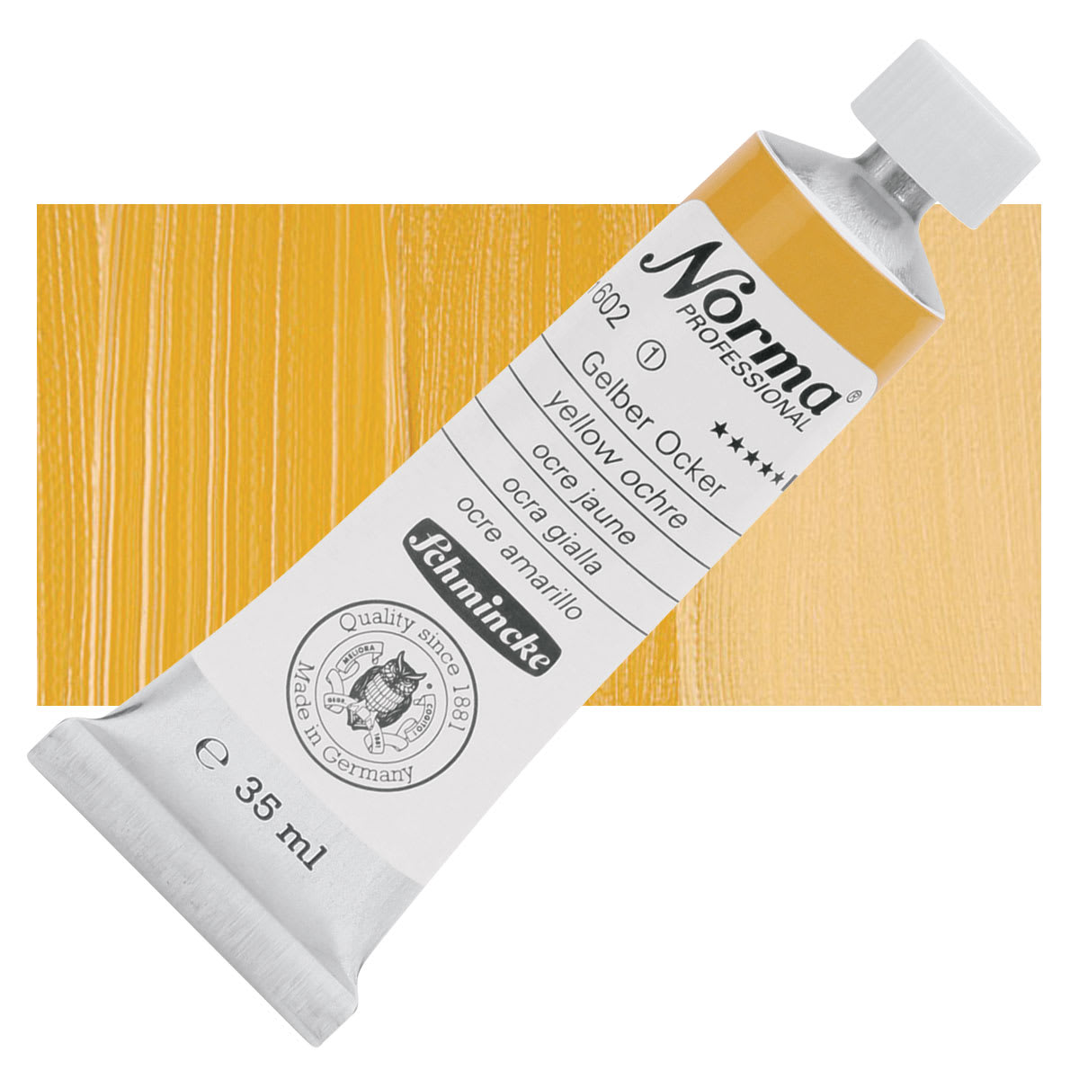 Schmincke Norma Professional Oil Paint - Yellow Ochre, 35 ml, Tube and swatch
