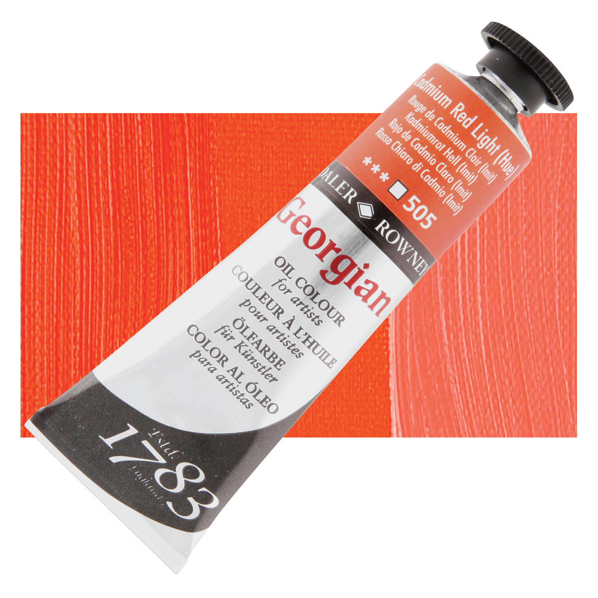 Daler-Rowney Georgian Oil Color - Cadmium Red Light Hue, 38 ml tube and swatch Daler-Rowney Georgian Oil Color - Cadmium Red Light Hue, 38 ml tube and swatch