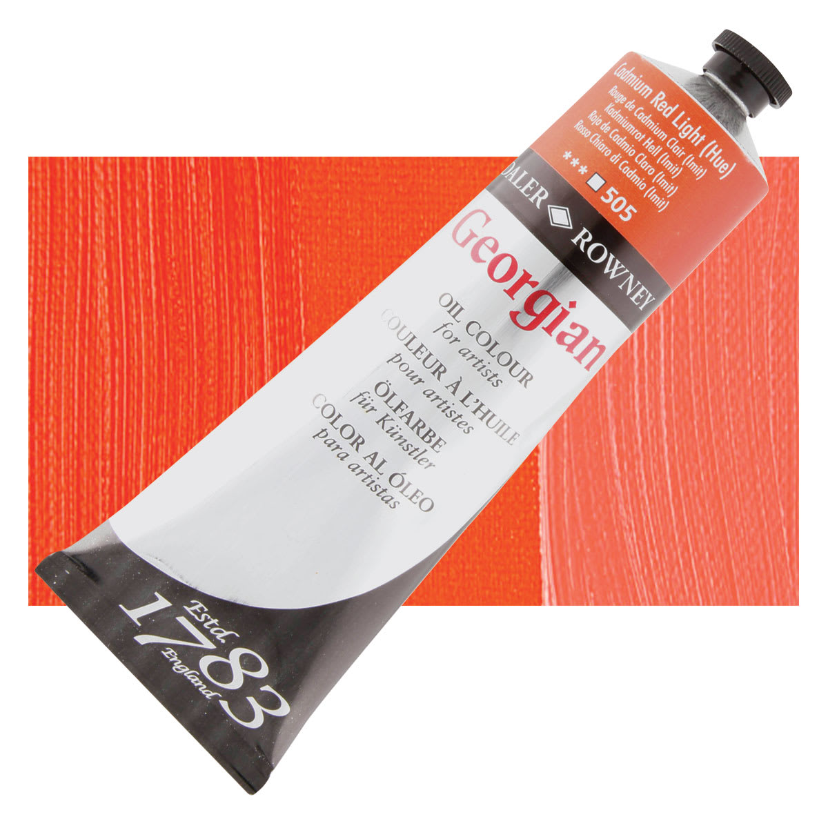 Daler-Rowney Georgian Oil Color - Cadmium Red Light Hue, 225 ml tube and swatch Daler-Rowney Georgian Oil Color - Cadmium Red Light Hue, 225 ml tube and swatch