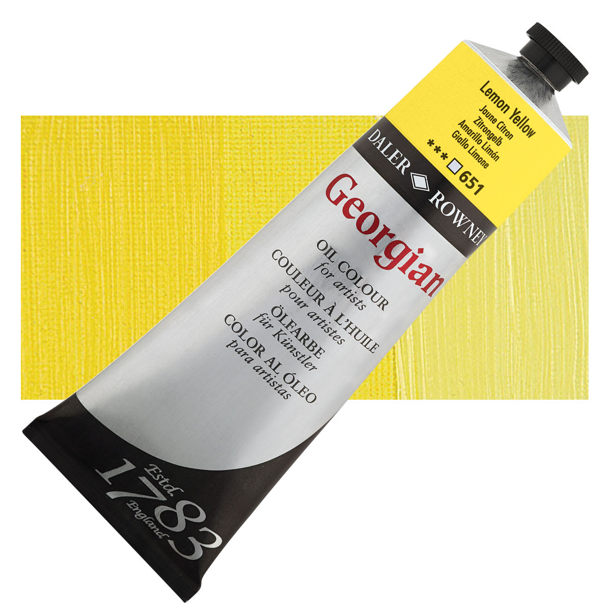 Daler-Rowney Georgian Oil Color - Lemon Yellow, 225 ml tube and swatch Daler-Rowney Georgian Oil Color - Lemon Yellow, 225 ml tube and swatch