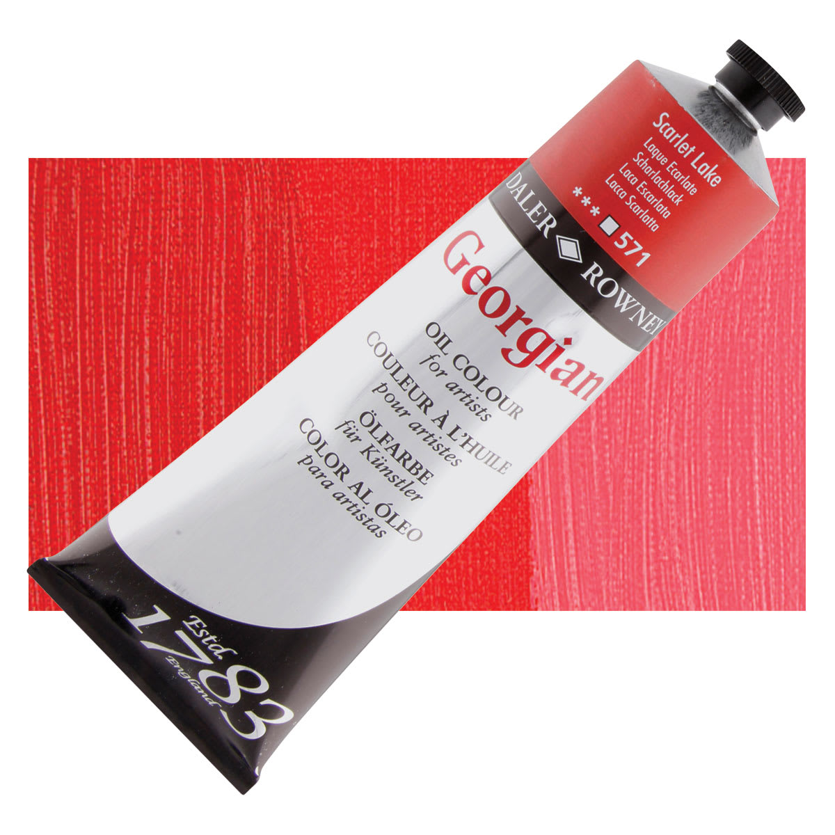 Daler-Rowney Georgian Oil Color - Scarlet Lake, 225 ml tube and swatch